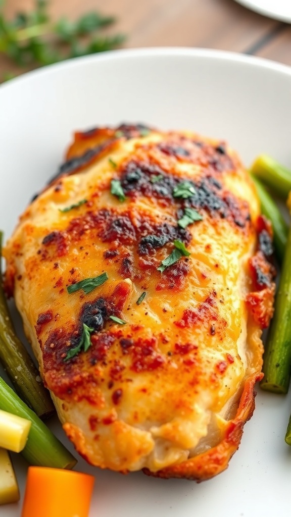 Juicy air fryer chicken breast on a plate with vegetables, garnished with herbs.